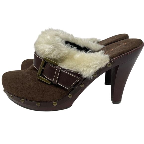 Brown Faux Suede Heeled Clogs With Faux Fur Trim Size 8.5 - Picture 4 of 12